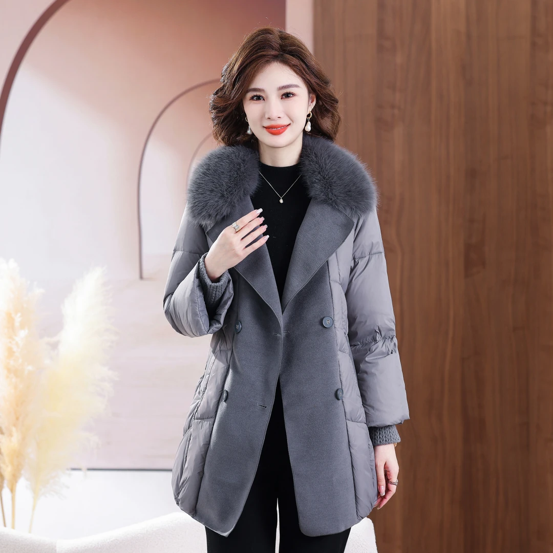 高端中老年妈妈冬装狐狸毛领羽绒服中长款气质相拼白鸭绒大衣外套