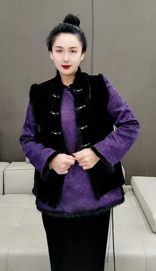 戴妃  秋冬桑蚕丝丝绒复古民族风唐装拼貂毛双面穿马甲24168