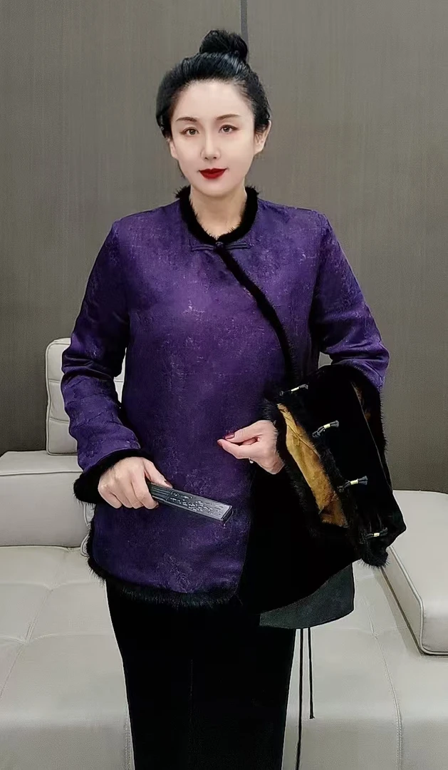 紫沫 秋冬新中式国风紫色女装复古拼貂毛斜襟系带加棉衫24169