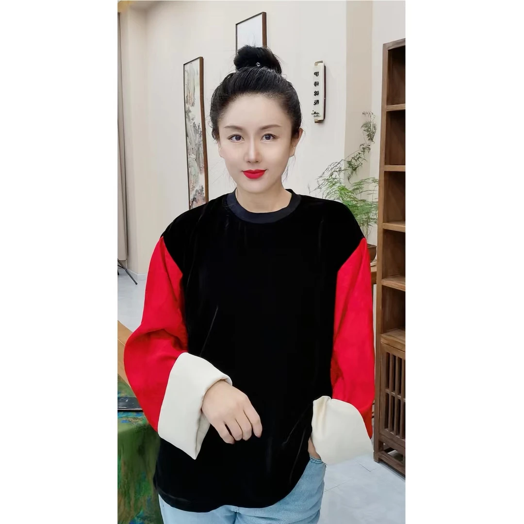 桑蚕丝丝绒2025春拼红袖时尚气质长袖拼色减龄圆领休闲百搭女士衫