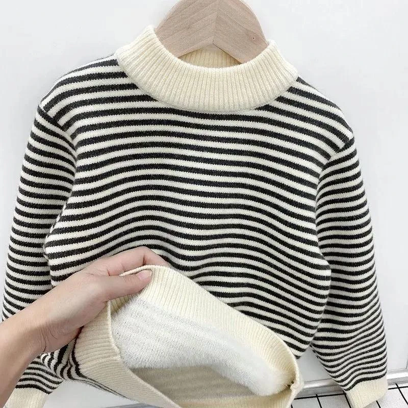 男童毛衣韩版新款套头加绒秋冬款中大童洋气女孩一体绒条纹打底衫