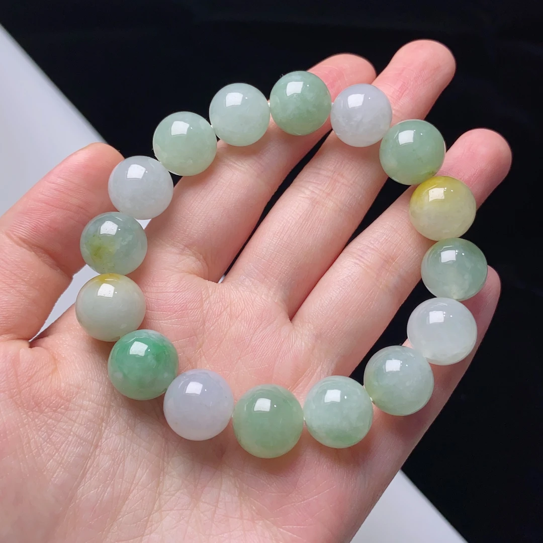 缅甸天然翡翠A货冰润大卡马卡龙多宝圆珠手链卡12.5mm手链彩色