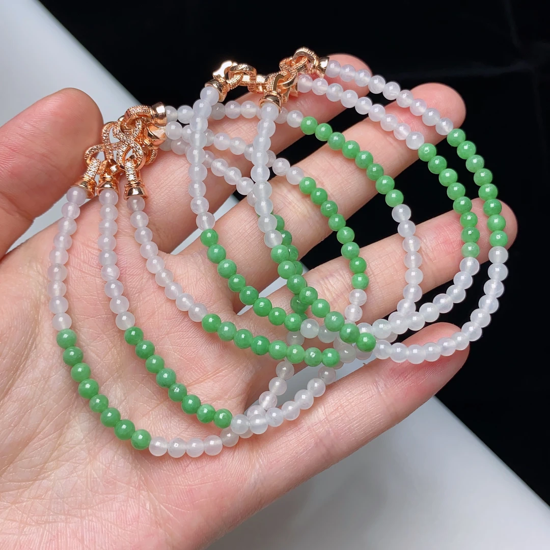 缅甸天然翡翠A货冰种白加绿小米珠手链卡3.8mm彩色（多样性发其一）