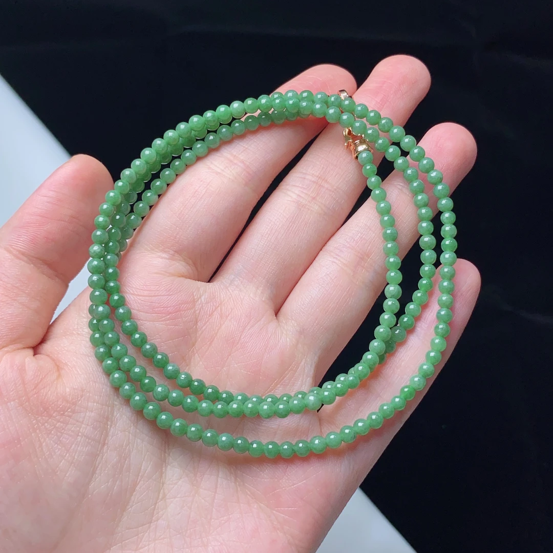 天然缅甸a货翡翠满绿小米珠手链项链绿色清新卡3.5阳绿