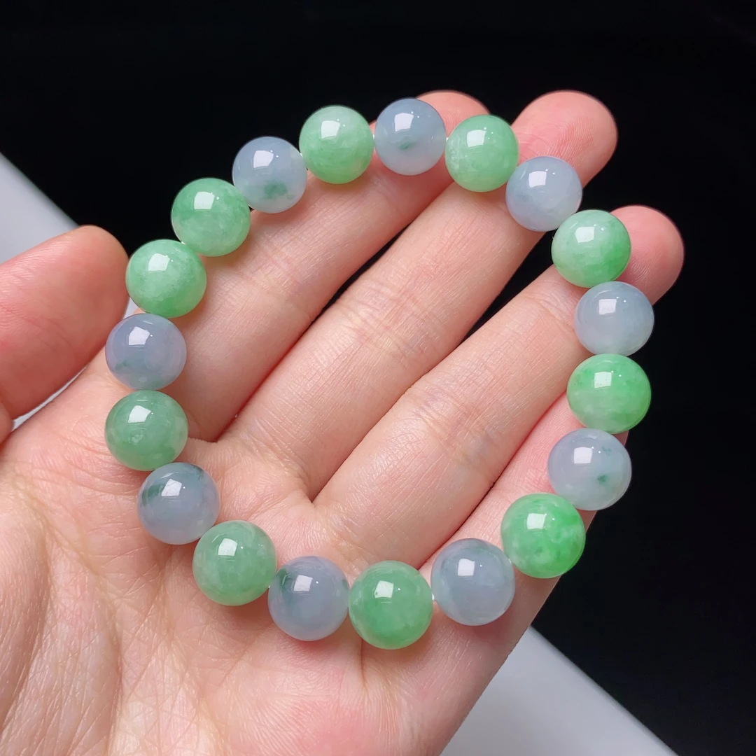 缅甸天然翡翠A货紫加绿马卡龙圆珠手链卡10mm彩色清新