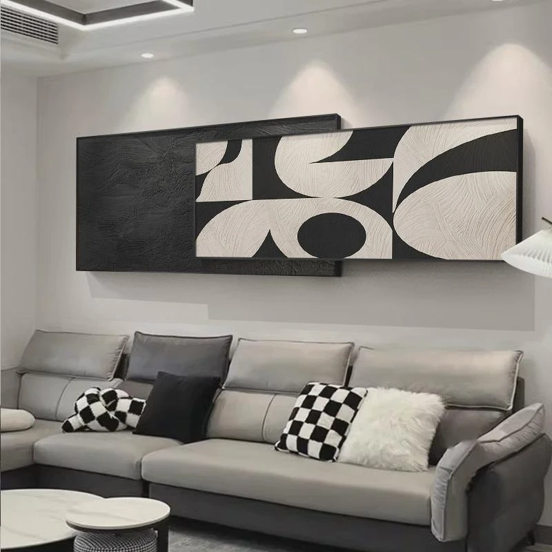 意式极简客厅装饰画黑白抽象艺术沙发背景墙面挂画高级感叠加壁画