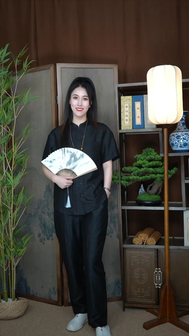 中国风夏季重磅真丝香云纱透气男士短袖衬衫➕长裤休闲套装时尚