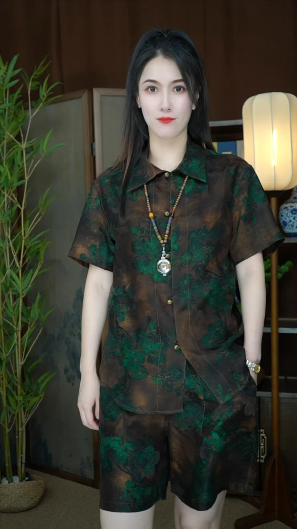 高端真丝非遗香云纱男翻领水墨花纹小重锻红云纱衬衫短裤莨稠套装