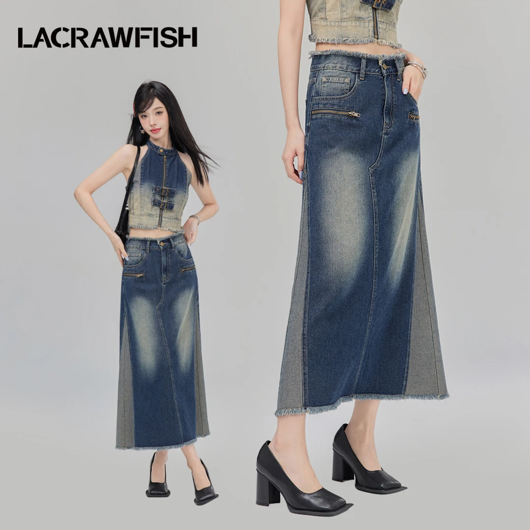 LA CRAWFISH ABG辣妹高腰宽松水洗撞色拼接开叉牛仔半身裙女长裙