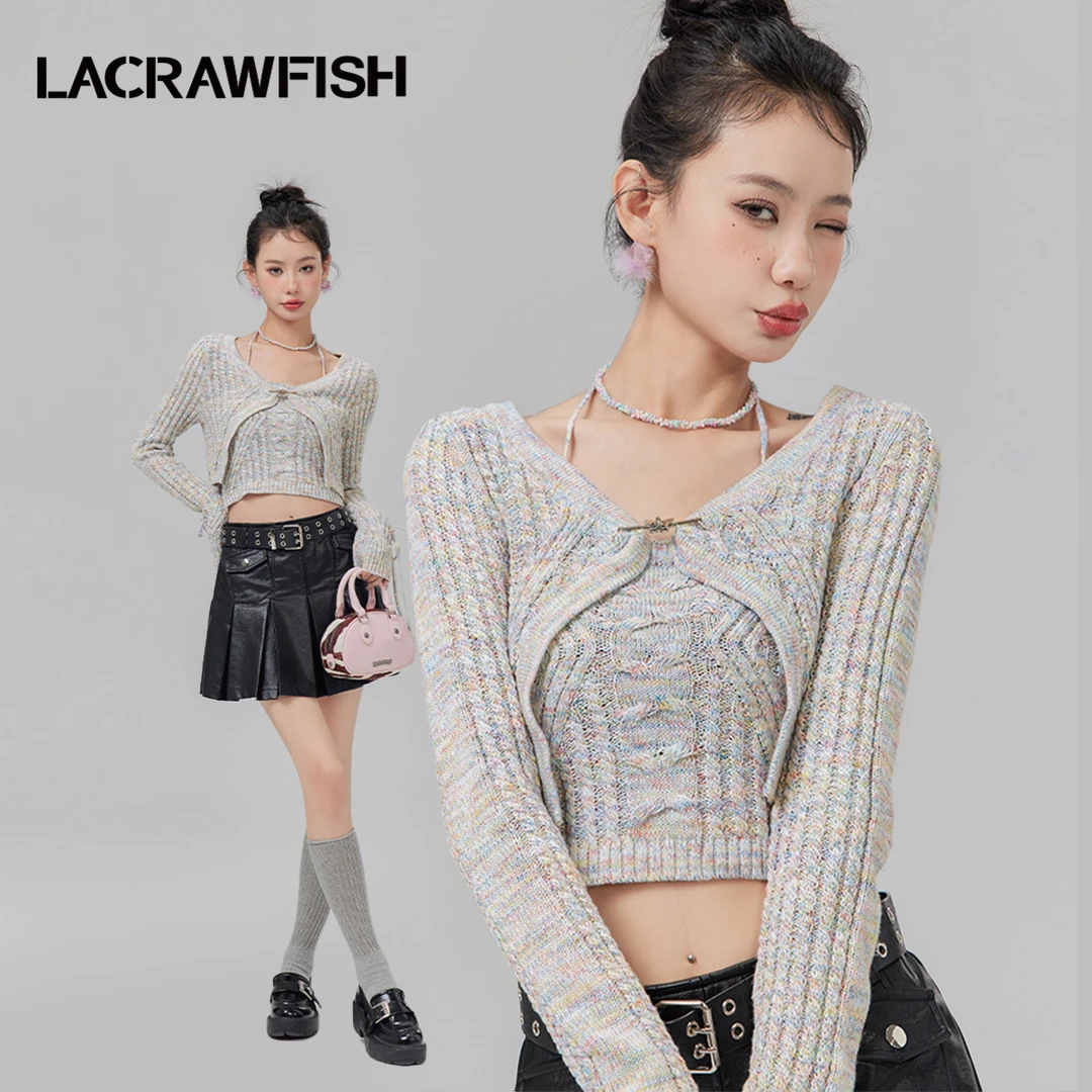 LA CRAWFISH辣妹风温柔纯欲绑带针织挂脖背心开衫外套上衣套装女