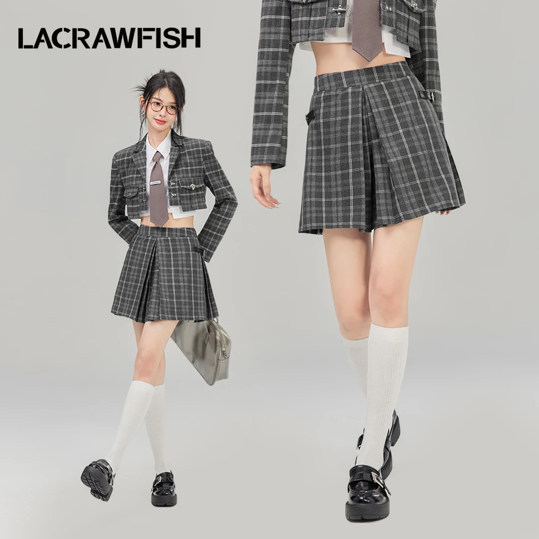 LA CRAWFISH美式校园辣妹高腰A字压褶格子短裙女秋季新款半身裙