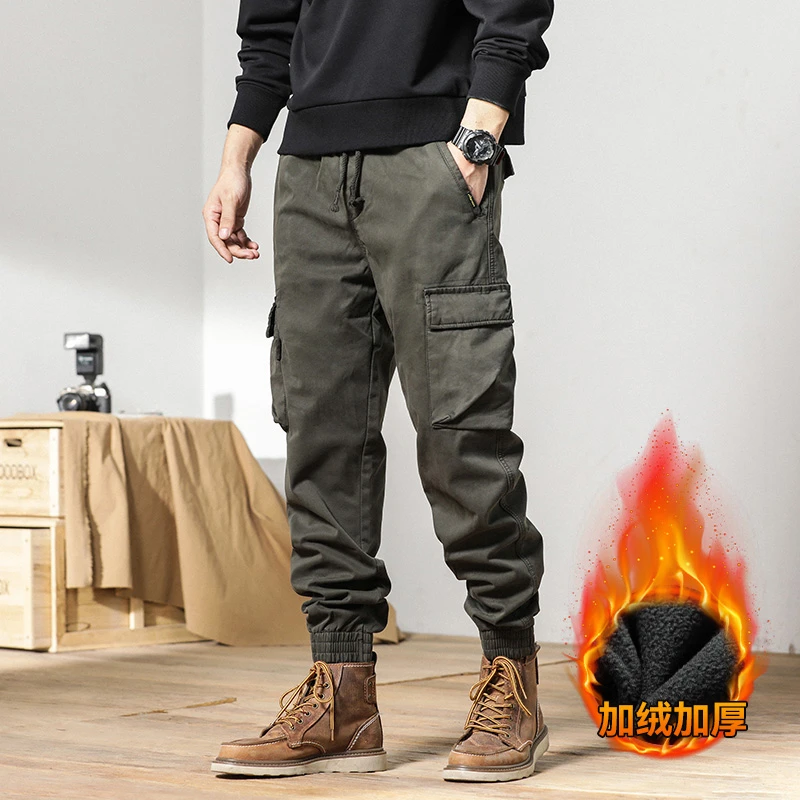 秋冬款加绒加厚男士休闲裤宽松直筒百搭束脚裤多口袋户外保暖长裤