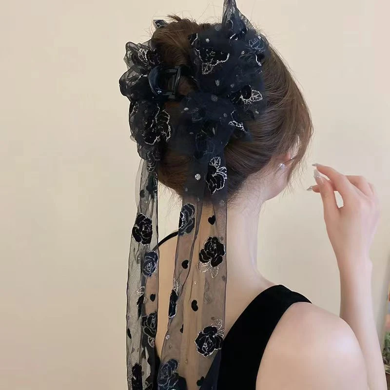 2025~百搭新中式刺绣镶钻飘带抓夹 网红气质鲨鱼夹黑色头饰发夹子