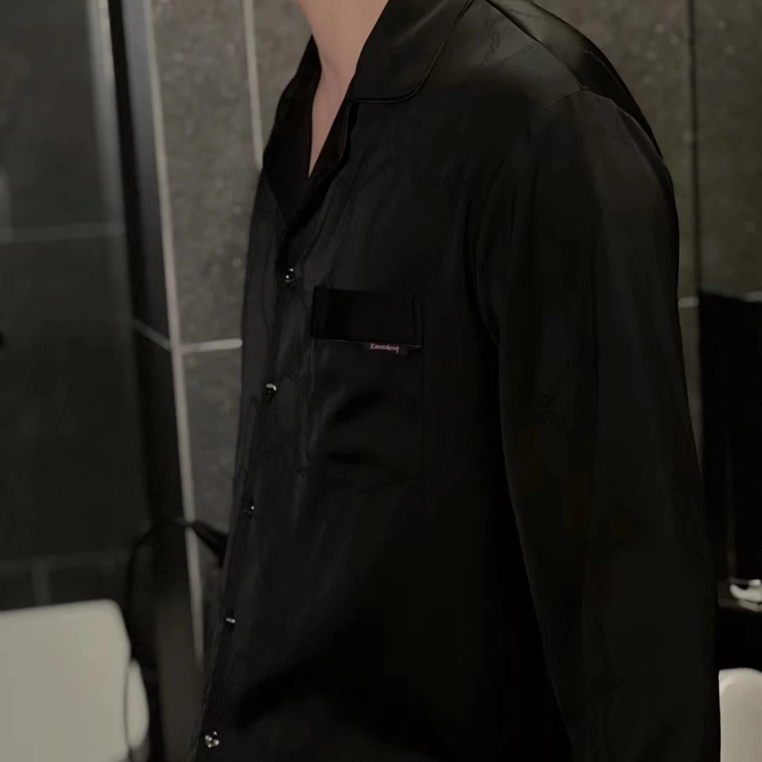 男士黑色套装长款时尚休闲家居服高档春夏薄款套装