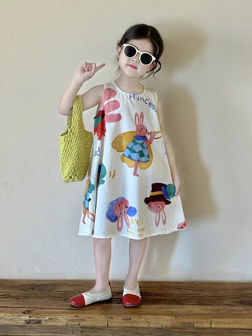 韩国童装2024夏季新款儿童可爱卡通连衣裙女宝宝棉布无袖背心裙