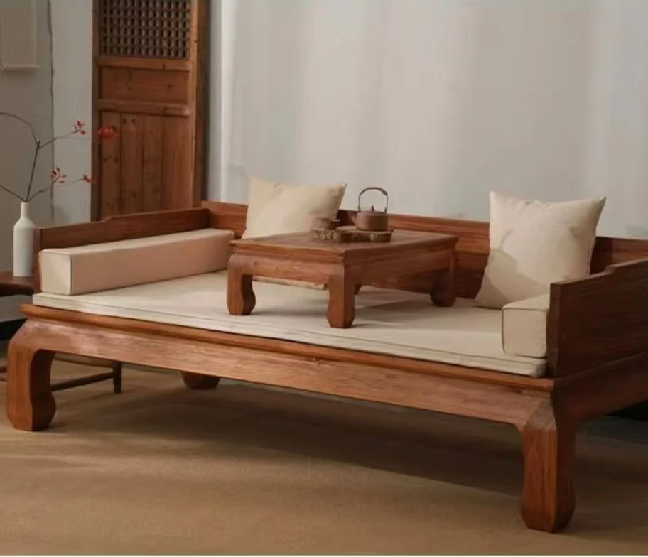 榆木罗汉床新中式罗汉塌彭牙鼓腿客厅床家用素面简约全实木全原木