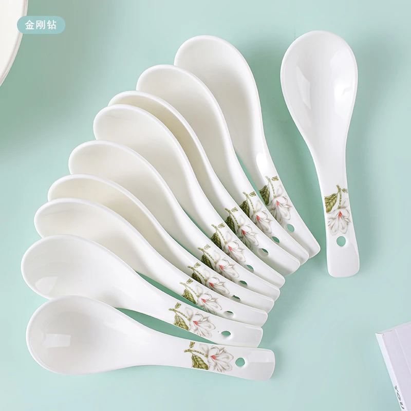 老板来了 玉兰赋陶瓷小汤勺喝汤喝粥调镁汤匙可微波炉餐具10支装