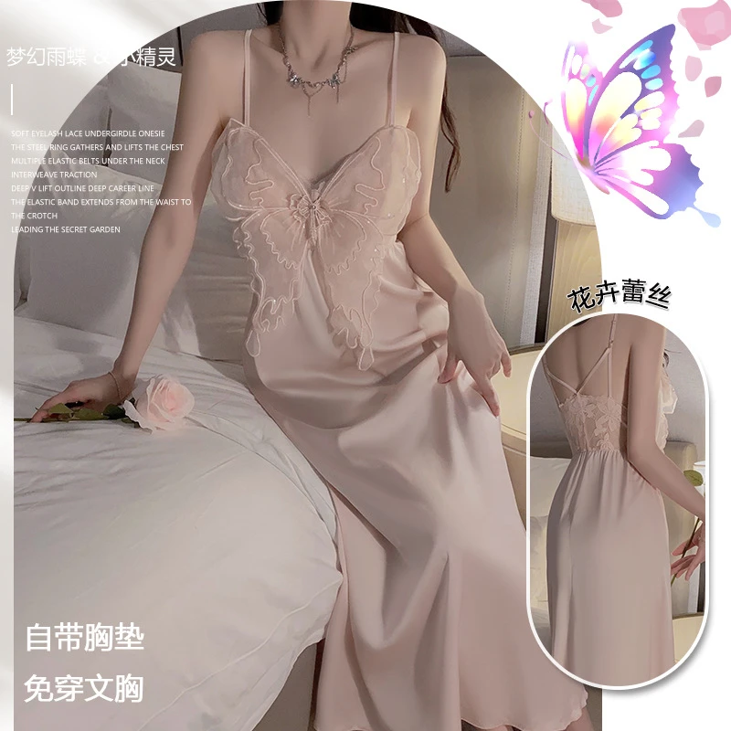 蝴蝶蕾丝内衣透视收腰显瘦加胸垫小开叉缎面女睡裙网红轻奢长款