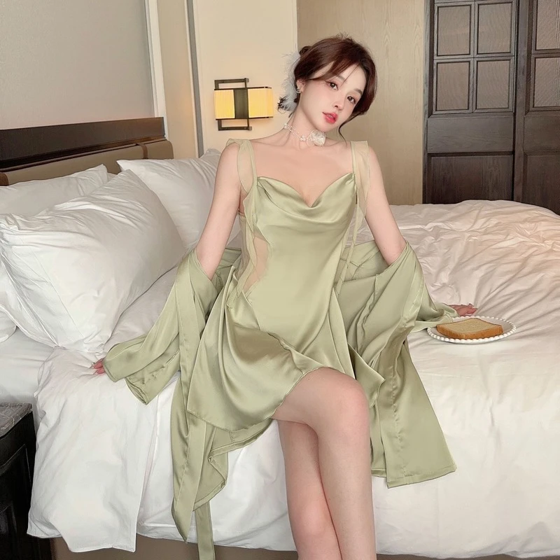 时尚春夏季轻奢新款薄网纱睡裙女高级感丝带家居服睡衣套装带胸垫