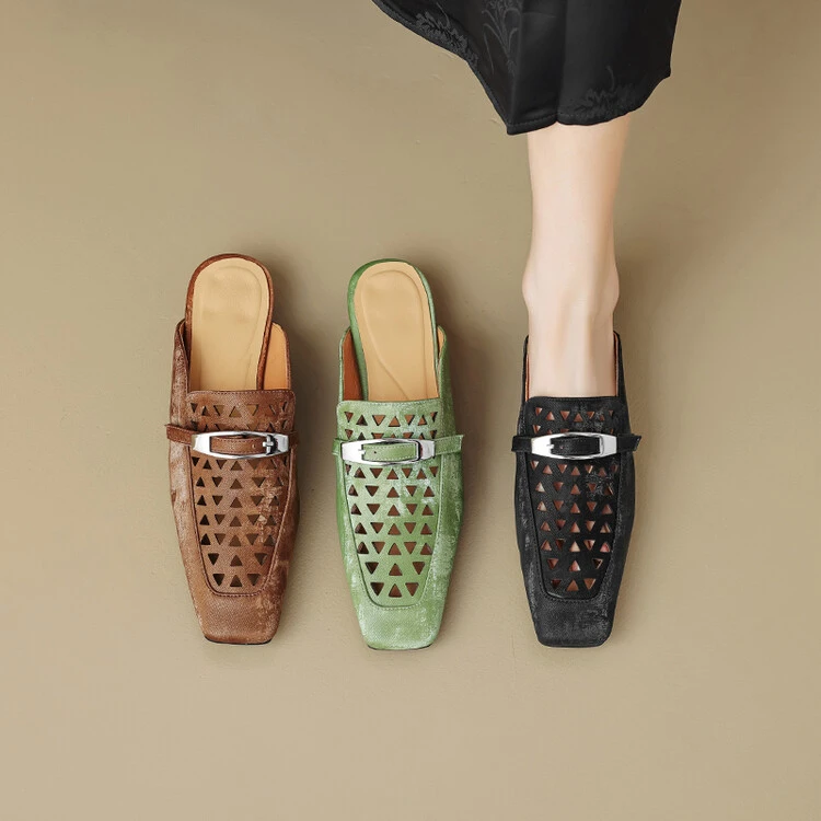 【指念】方头镂空包头拖鞋春夏新款真皮透气平底半拖凉鞋休闲女鞋