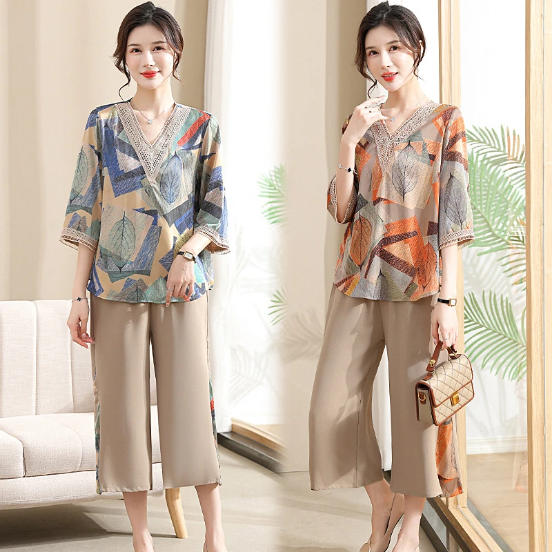 直播2024妈妈装夏装洋气时尚套装新款中年女雪纺上衣短袖中老年人
