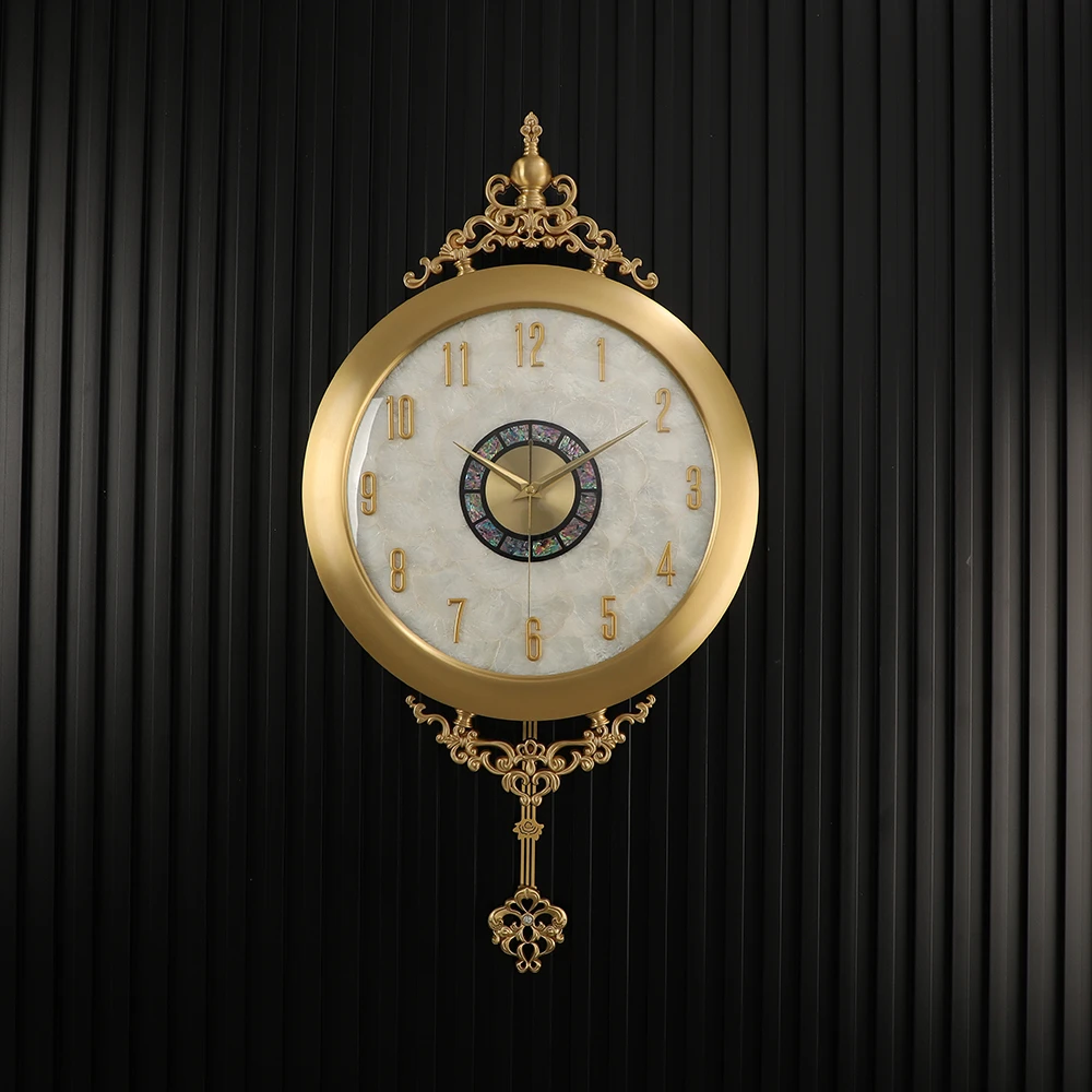欧式黄铜钟表轻奢贝壳钟饰客厅静音挂钟美式钟表大气挂表高档时钟