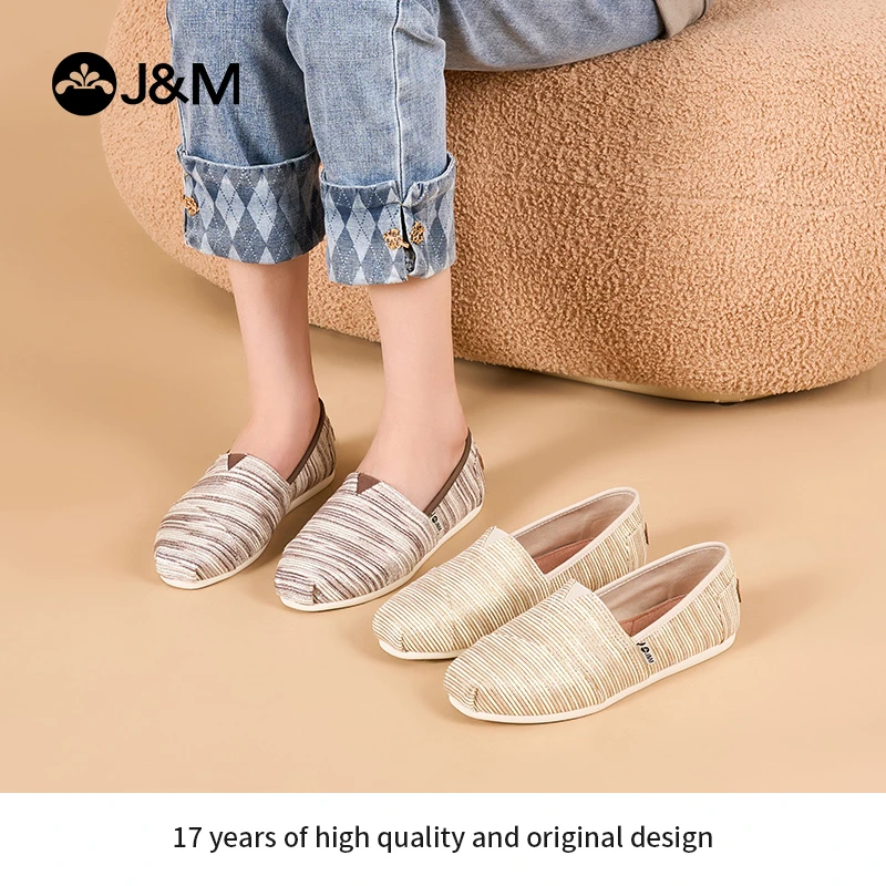 J&M/快乐玛丽2024经典轻便平底女鞋布鞋一脚蹬单鞋条纹金线62397W