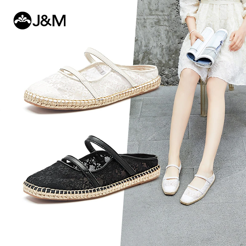 J&M/快乐玛丽2023年夏季蕾丝半托外穿拖鞋渔夫鞋透气休闲05026W