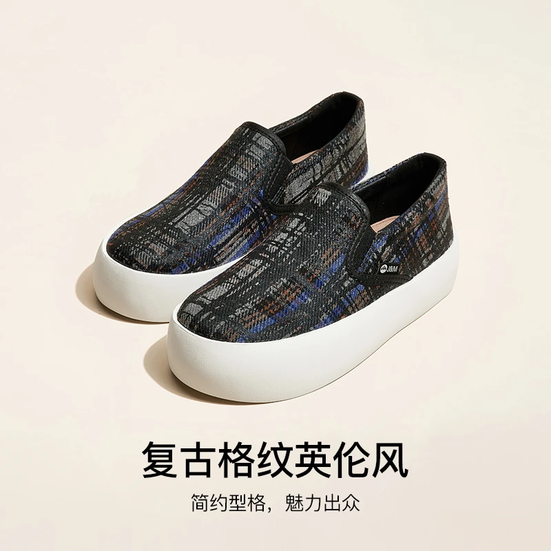 J&M/快乐玛丽秋季新款复古格纹休闲女鞋厚底一脚蹬英伦风83261W