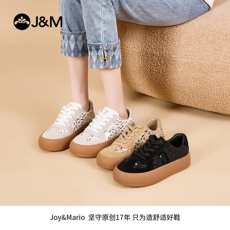 J&M/快乐玛丽2024年春季新款德训鞋休闲鞋亮片复古女鞋系带83571W