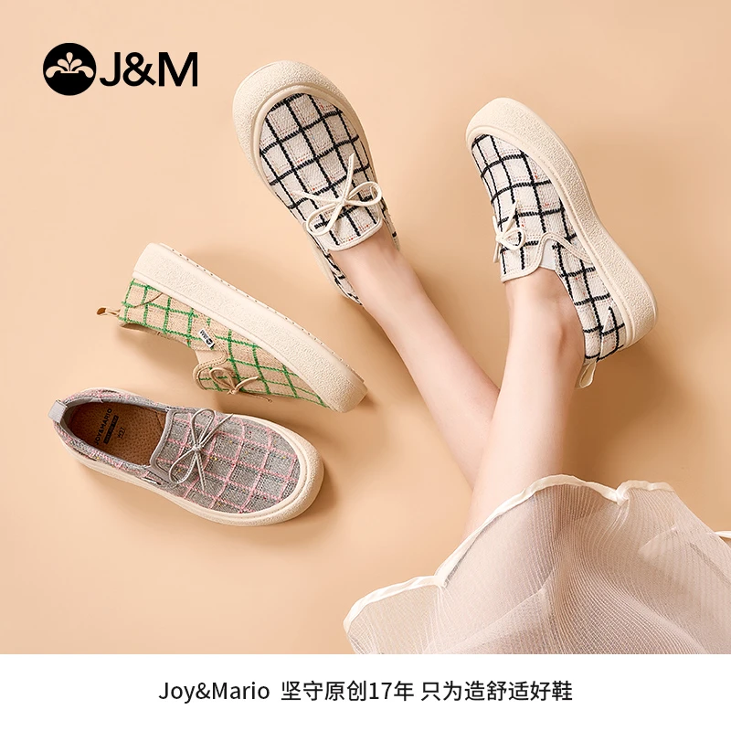 J&M/快乐玛丽2024年春季新款一脚蹬乐福鞋格纹蝴蝶结平底83551W