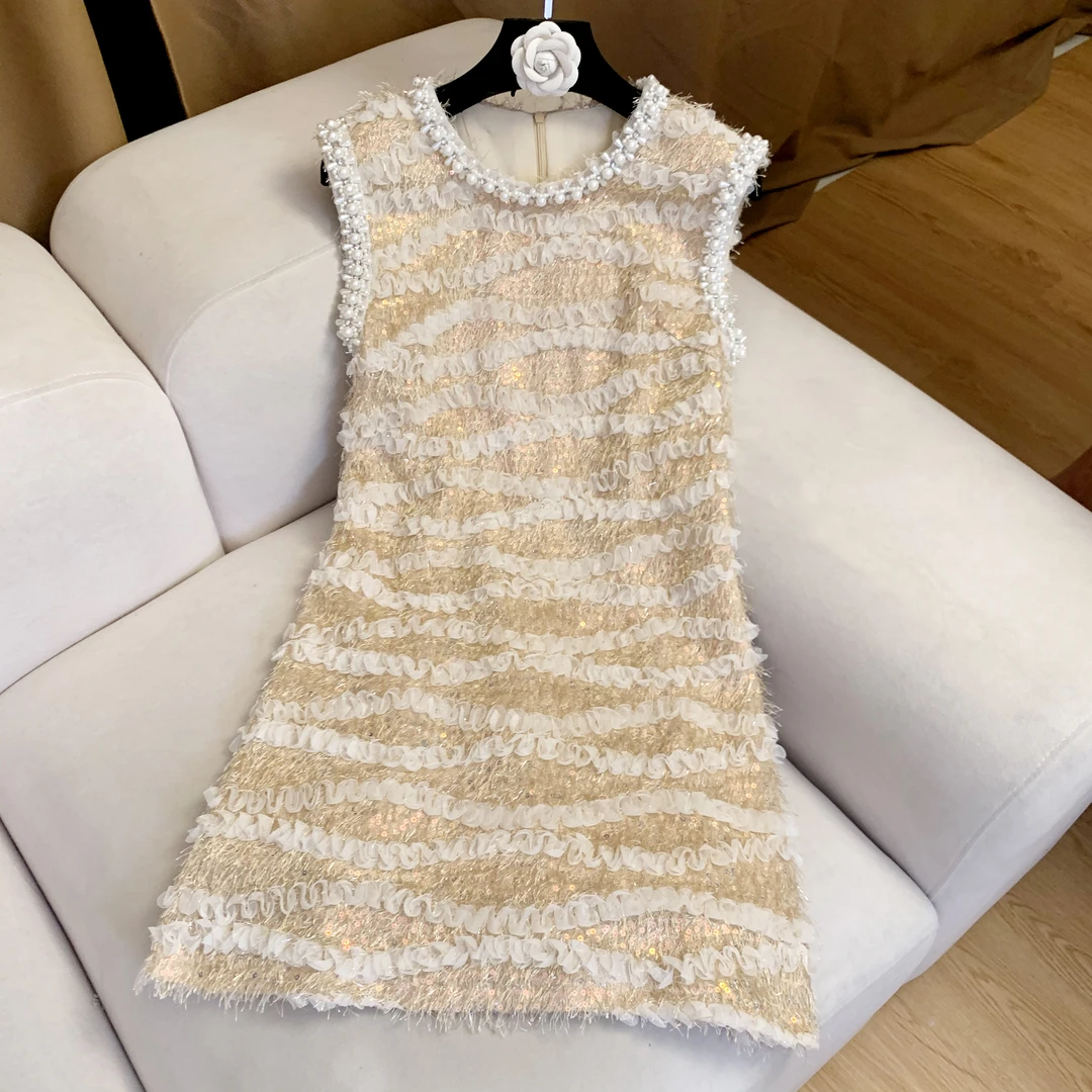 【鎏金蝶】金色亮片钉珠重工设计师无袖夏季气质时尚显瘦名媛连衣裙