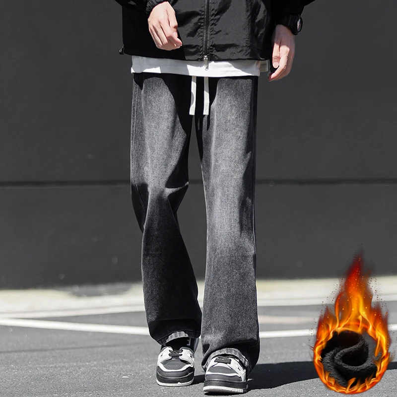 直筒牛仔裤男士秋季美式潮牌男生裤子秋冬加绒洗水休闲长裤子男裤