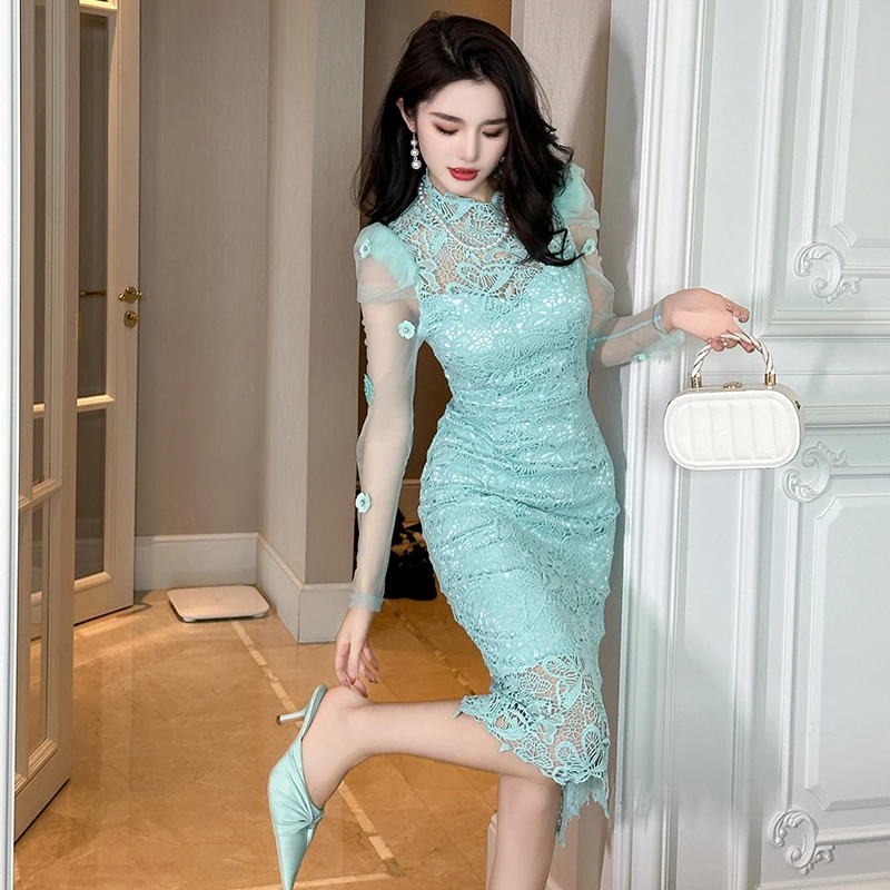 10841优雅时尚中国风名媛蕾丝显瘦修身气质包臀开叉日常连衣裙
