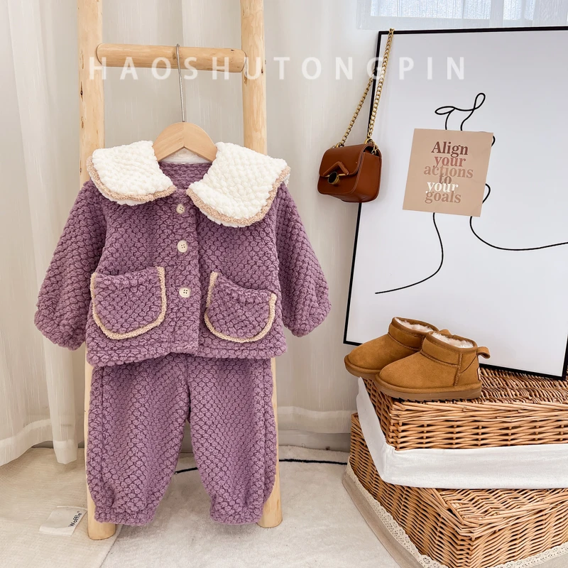 郝叔童品 HK239 双面绒家居服儿童套装加厚冬季加绒秋冬宝宝童装