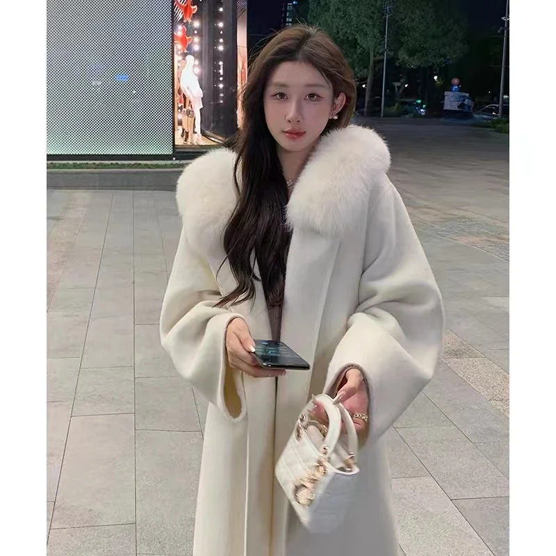 名媛风毛呢子长款新款外套女2024秋冬双面呢子大衣大毛领连帽系带