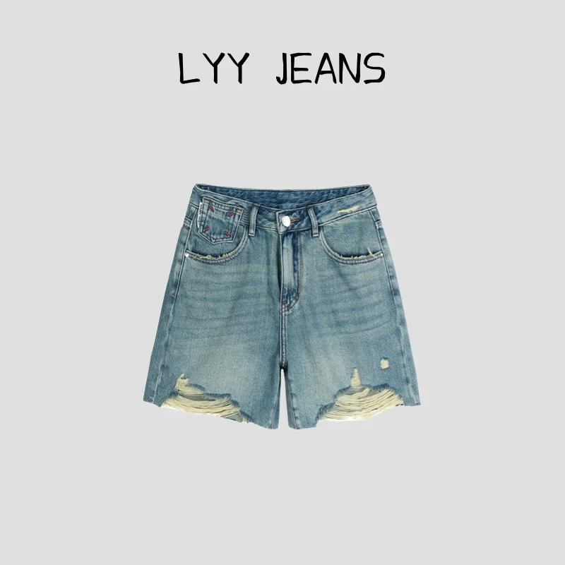 TOGETHER DW STUDIOS凉感破洞吊烂设计师高腰蓝色牛仔短裤#L2011