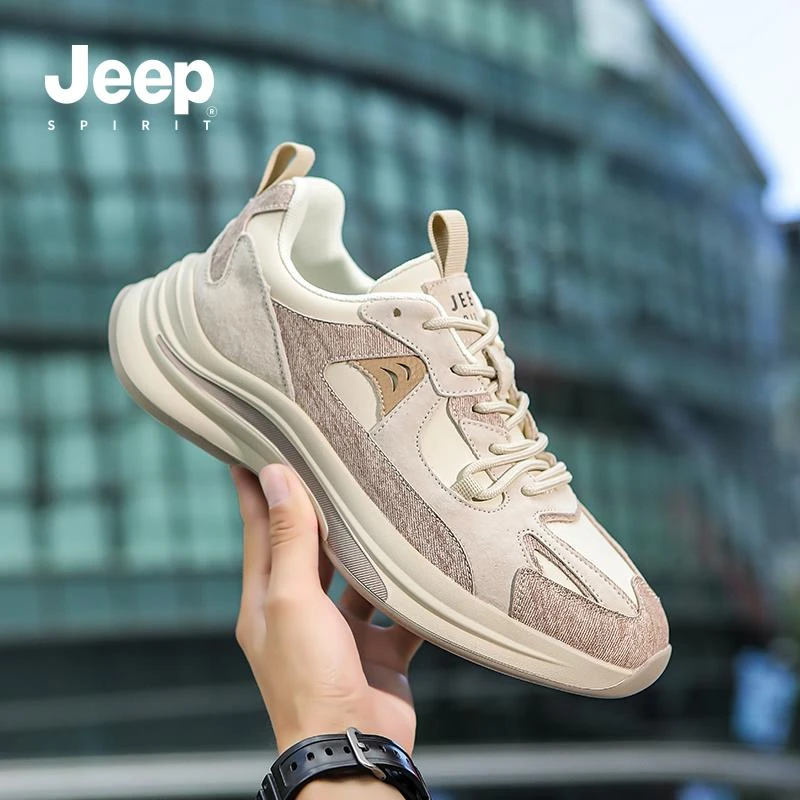JEEPSPIRIT男鞋2025夏季新款皮面休闲老爹鞋潮流厚底鞋百搭跑步鞋