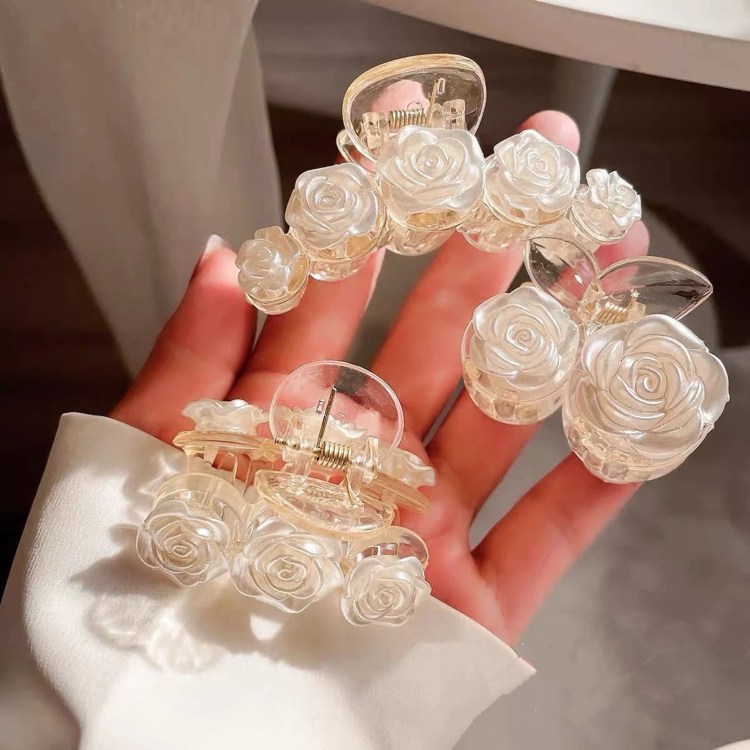 超仙~山茶花法式玫瑰高马尾抓夹款新款鲨鱼夹ins高颜值发夹后脑勺