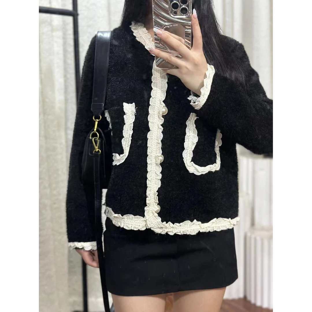 2024春秋新款蕾丝花边拼接针织衫仿水貂小香风开衫外套女上衣新款