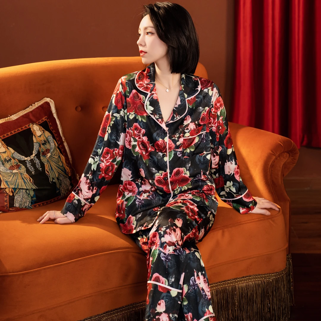 达芬奇密码三生玫瑰2024新款春秋高档贵妇睡衣女士宽松家居服套装