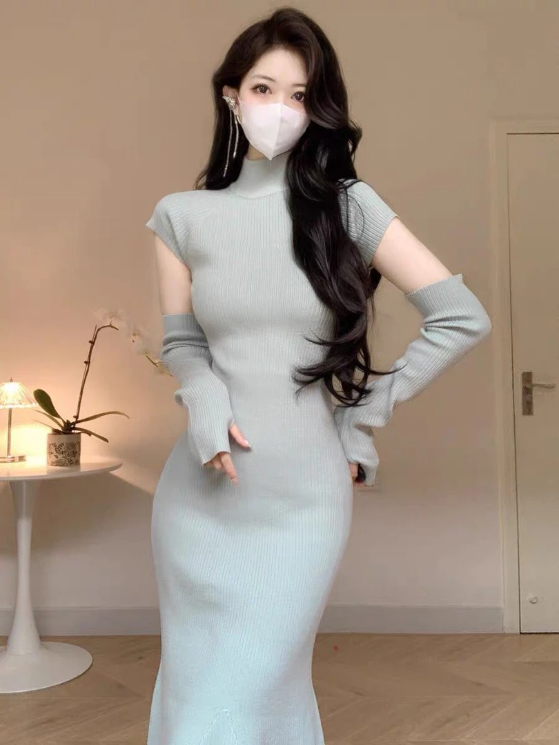 性感紧身针织连衣裙高级氛围感气质名媛收腰袖套后妈包臀鱼尾裙子