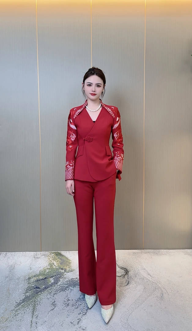 2579-2024秋季新款中式凤凰刺绣修身显瘦气质套装女