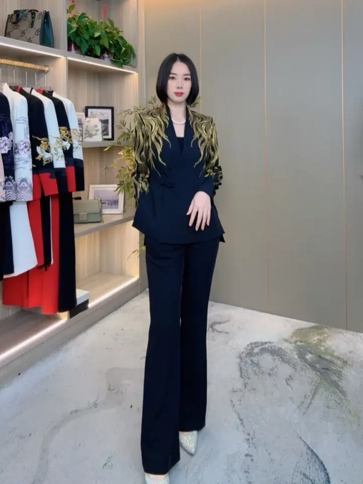 25229（薄）-新款气质盘金绣重工刺绣套装西装微喇裤套装两件