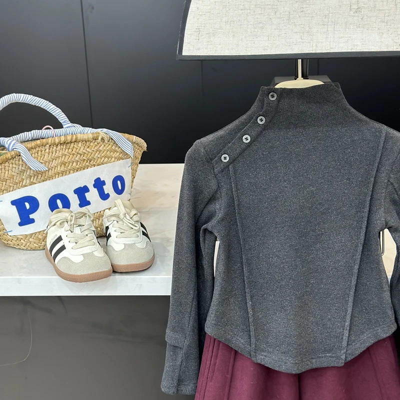 现货leomama【凭实力】女童打底衫秋冬半高领长袖T恤套头衫设计感