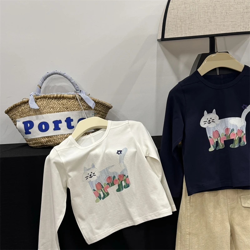 现货【花猫T】女童长袖t恤2024秋季新款百搭卡通印花打底衫儿童上衣