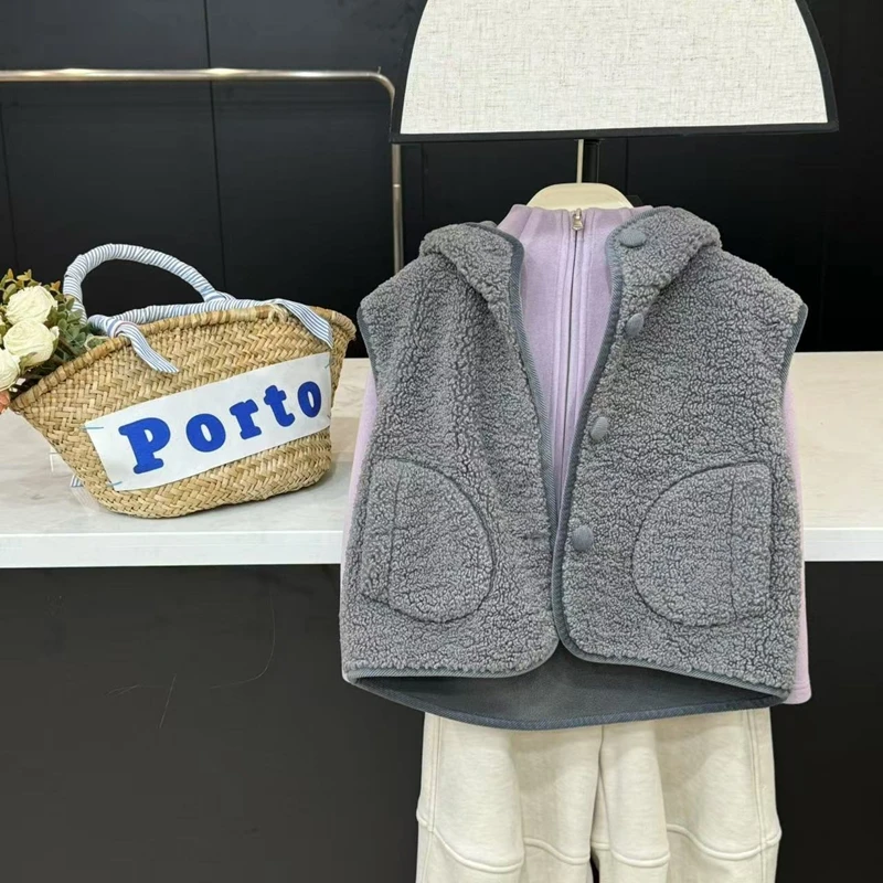 现货Leomama【小熊马甲】童装女童毛毛马甲秋冬连帽儿童保暖上衣