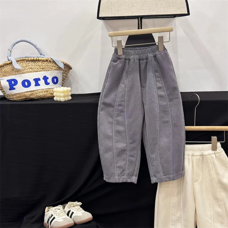 现货Leomama【弯刀裤】女童一体绒长裤2024儿童冬装宝宝灯芯绒裤子