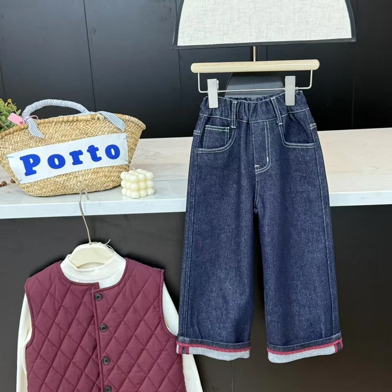 【现货】leomama女童加绒裤子2024秋冬洋气儿童牛仔裤女孩加厚冬装