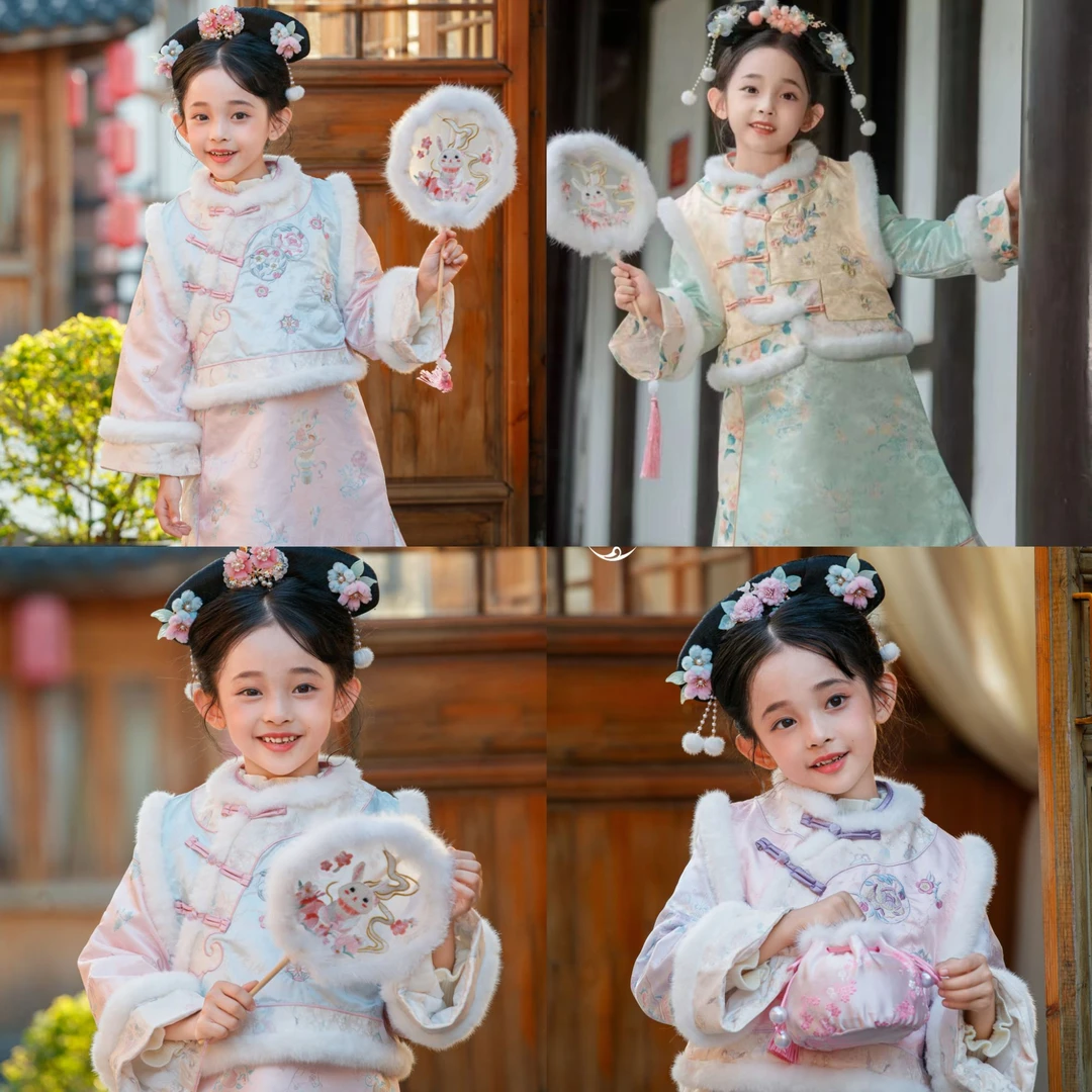 3新年服【3490-3499】古风年服新中式马面裙拜年两件套国风套装女童